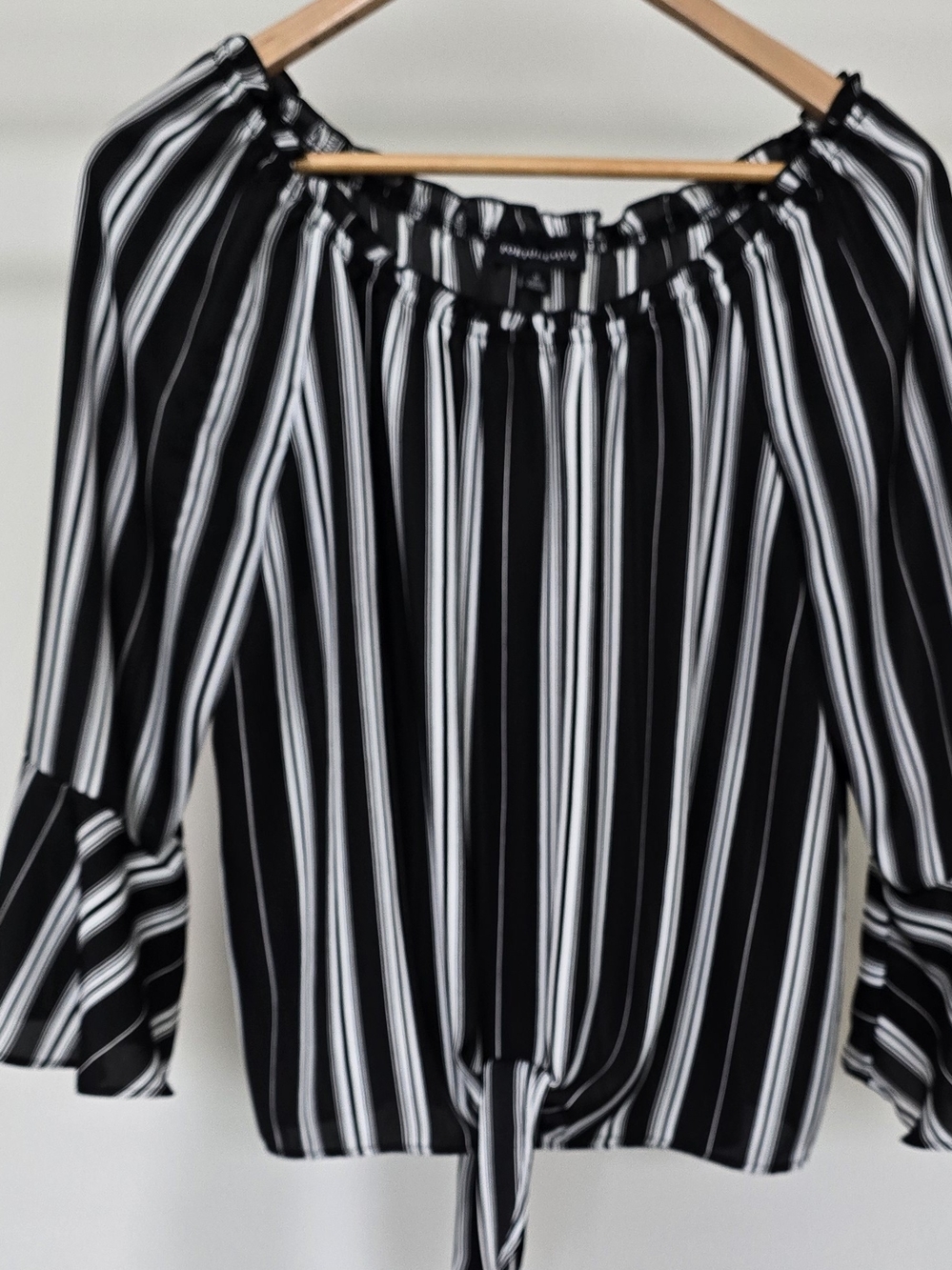 Fortune & Ivy Striped Off-Shoulder Tie-Front Blouse in Black & White
